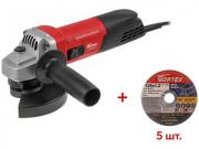 Одноручная углошлифмашина WORTEX AG 1213‑4 в кор. (1200 Вт, диск 125х22 мм, пылезащита, шариковые подшипники, регулировка оборотов, 5 отрезных кругов 